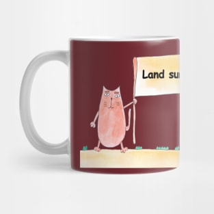 Land surveyor. Profession, work, job. Cat shows a banner with the inscription. Watercolor illustration. A gift for a professional. Mug